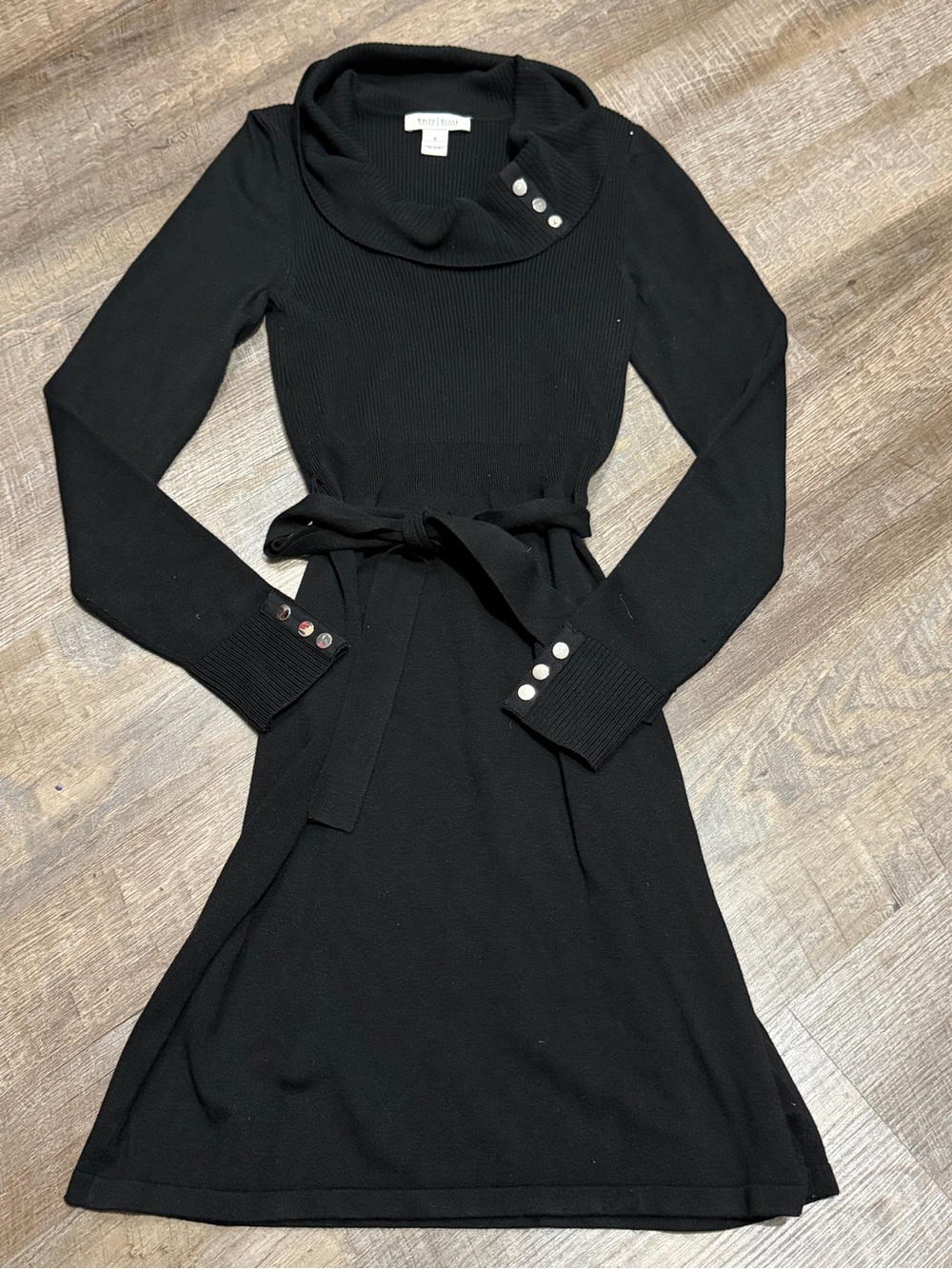 White House Black Market Black Long-Sleeve Knit Dress with Self-Tie Waist